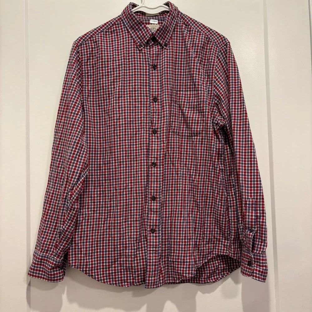 J. Crew Mens Brushed Twill Plaid Button Down Shirt Red White Blue Classic Fit M